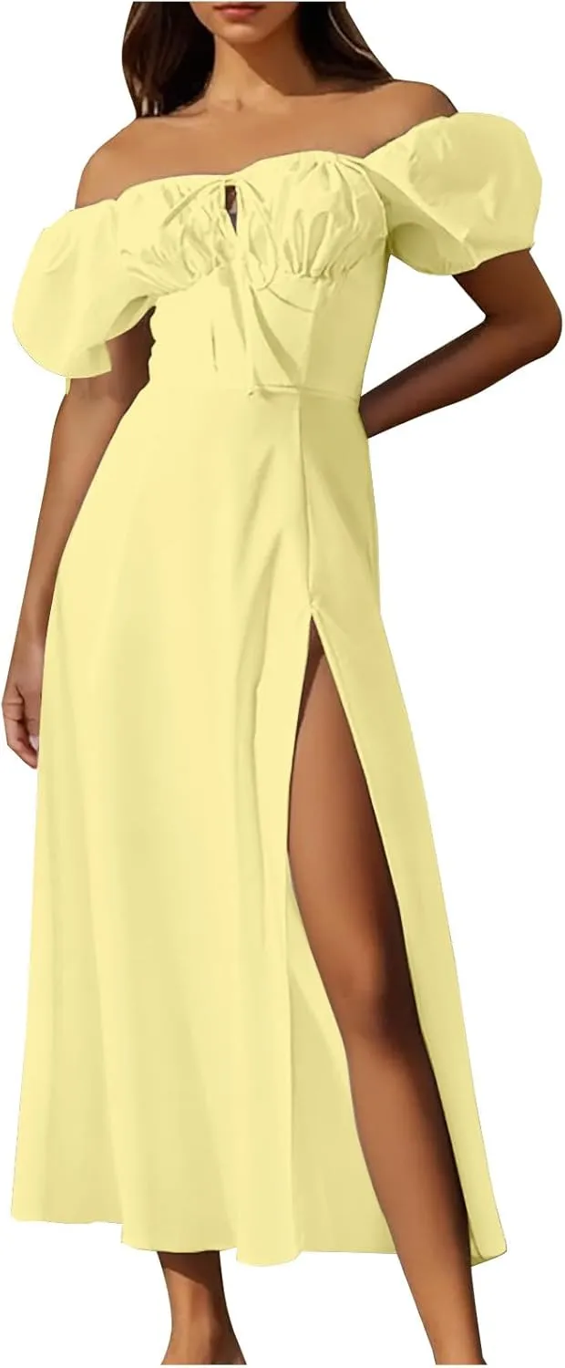 Womens Off The Shoulder Party Dresses Short Sleeve Flowy Long Dress Solid Color Casual Summer Dress