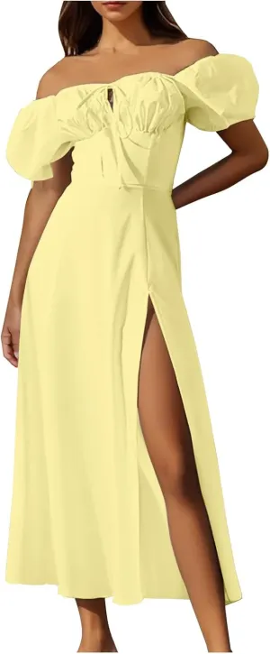 Womens Off The Shoulder Party Dresses Short Sleeve Flowy Long Dress Solid Color Casual Summer Dress