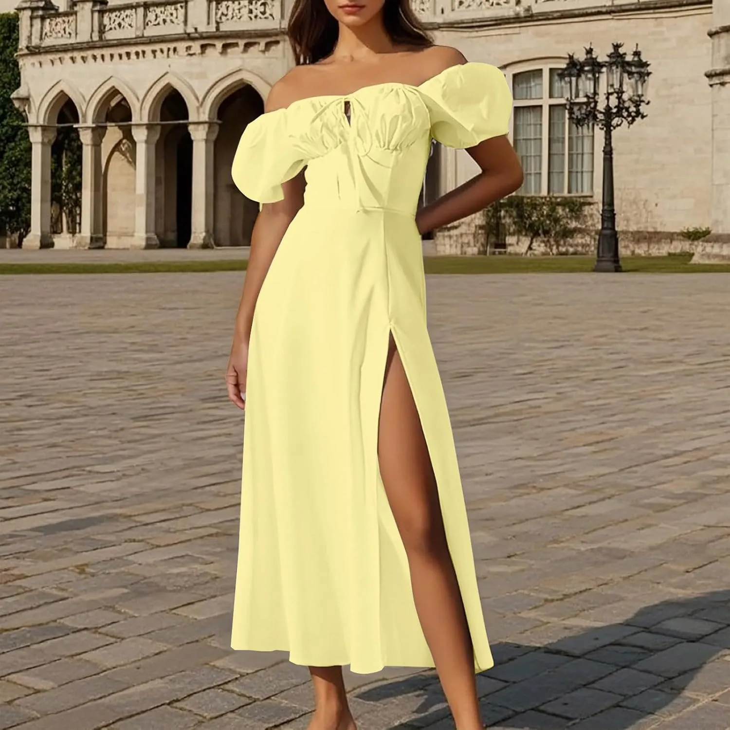 Womens Off The Shoulder Party Dresses Short Sleeve Flowy Long Dress Solid Color Casual Summer Dress