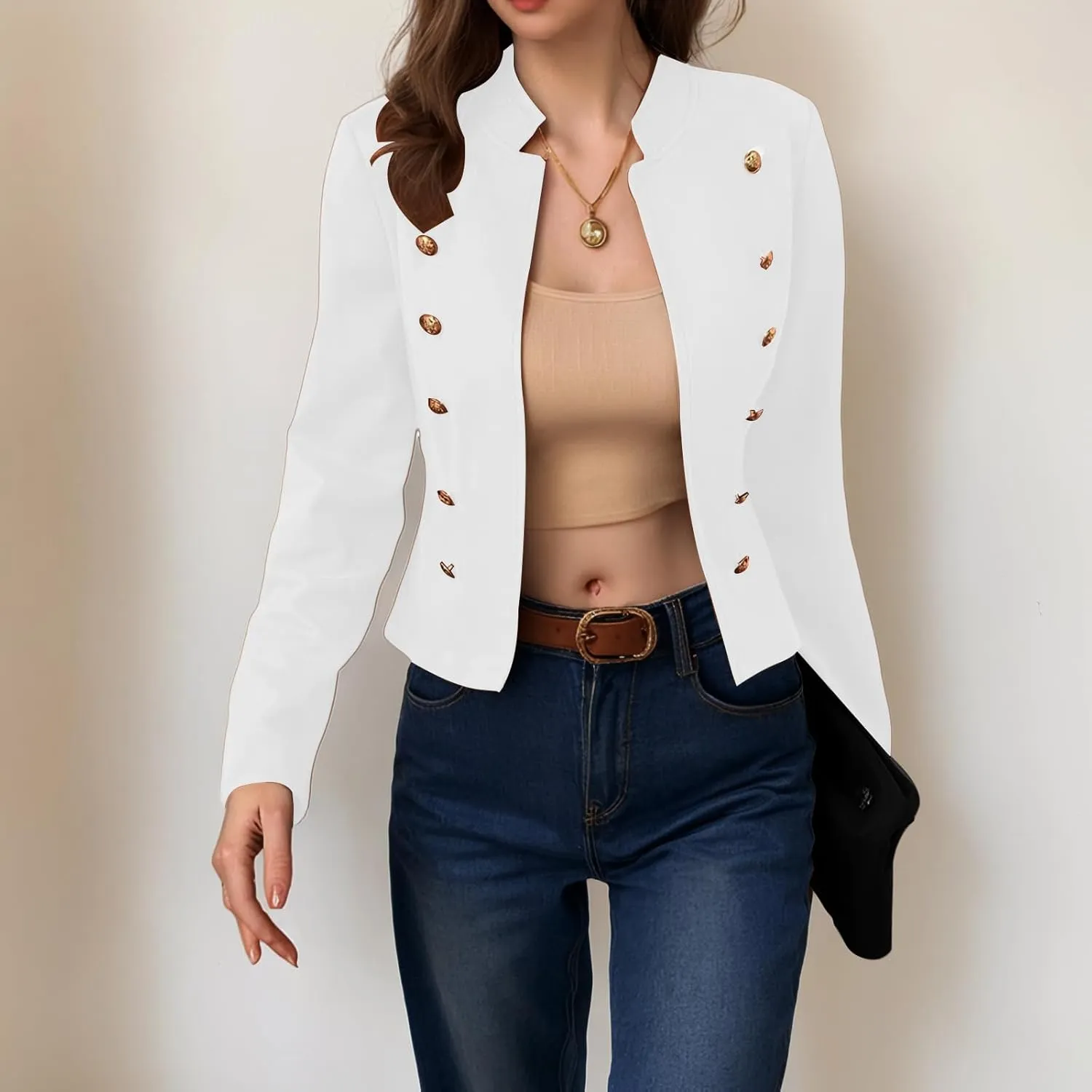 Women's Open Front Blazers Casual Stand Collar Long Sleeve Double Breasted Suit Jackets Business Solid Color Blazer