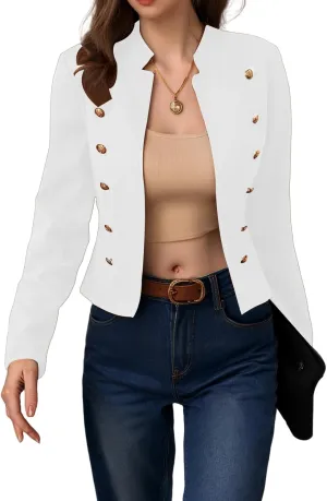 Women's Open Front Blazers Casual Stand Collar Long Sleeve Double Breasted Suit Jackets Business Solid Color Blazer