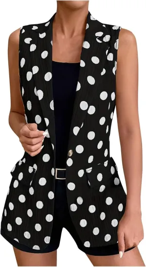 Women's Open Front Blazers Sleeveless Office Work Business Casual Lightweight Classic Polka Dot Summer Suit Blazer