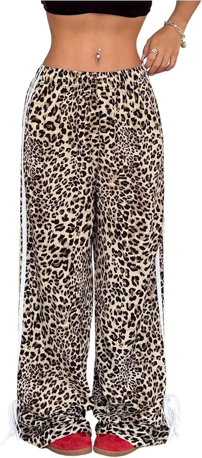Women's Plus Size Leopard Striped Bowknot Pants Straight Leg Elastic Waist Y2K Long Trousers