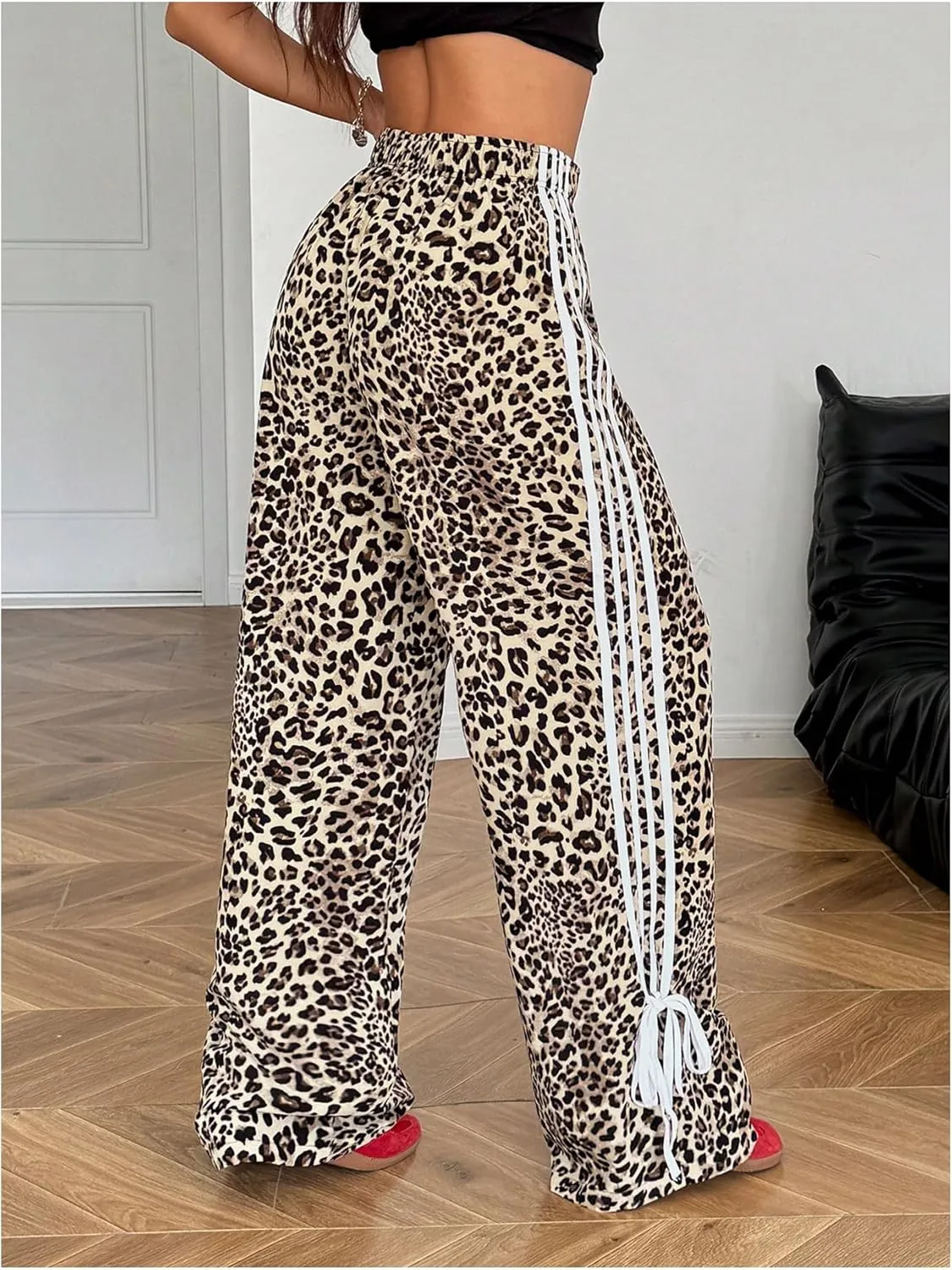 Women's Plus Size Leopard Striped Bowknot Pants Straight Leg Elastic Waist Y2K Long Trousers