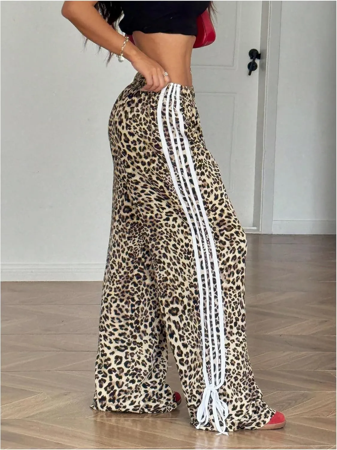Women's Plus Size Leopard Striped Bowknot Pants Straight Leg Elastic Waist Y2K Long Trousers