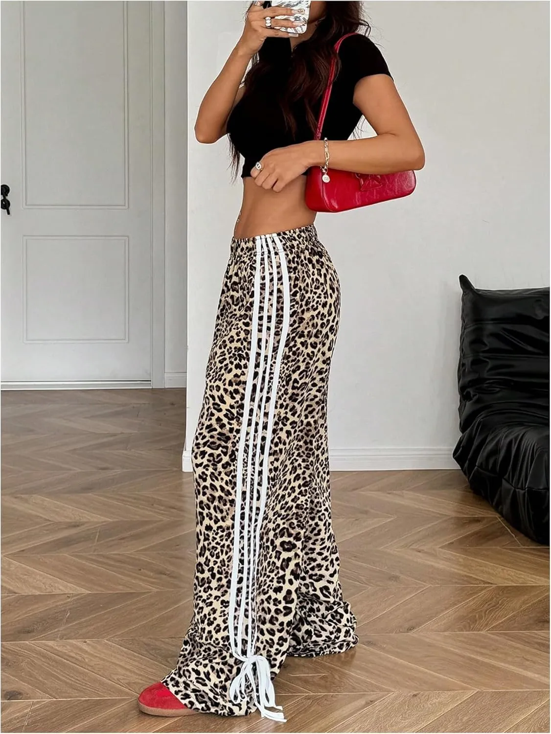 Women's Plus Size Leopard Striped Bowknot Pants Straight Leg Elastic Waist Y2K Long Trousers