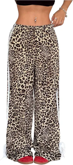 Women's Plus Size Leopard Striped Bowknot Pants Straight Leg Elastic Waist Y2K Long Trousers