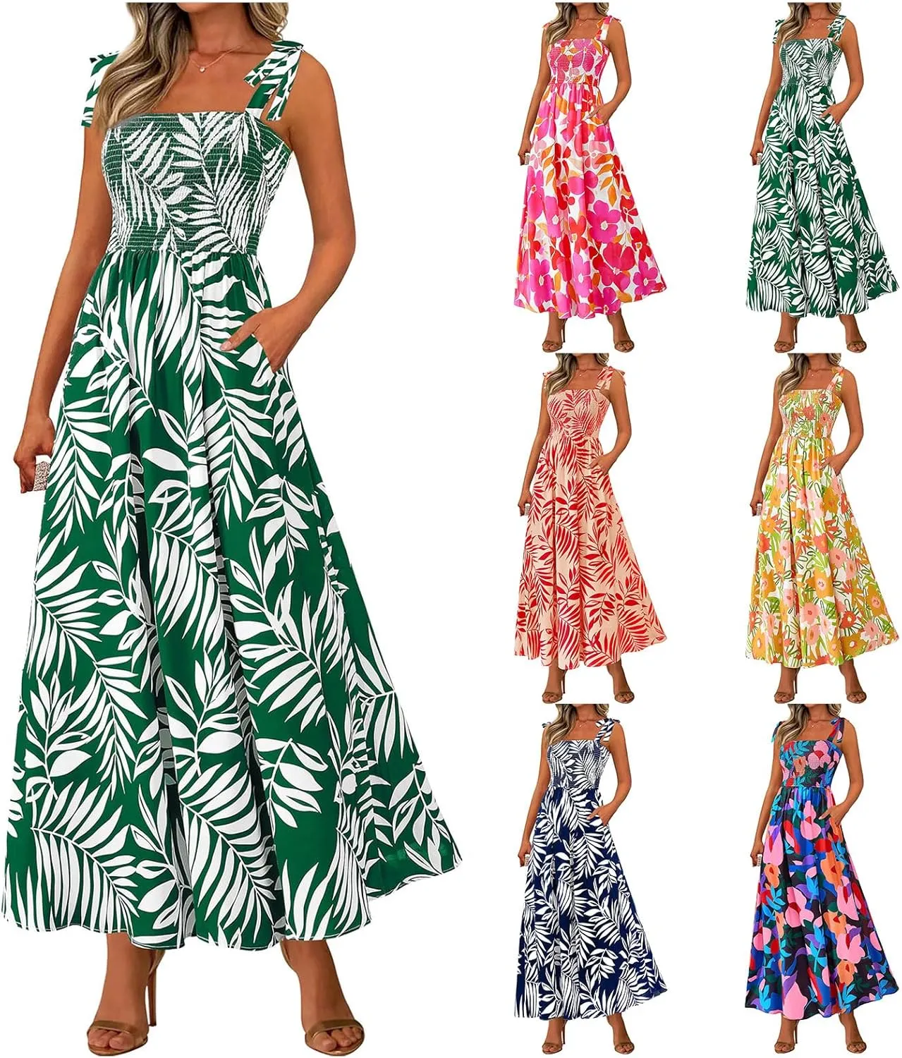 Womens Plus Size Swing Dress Summer Floral Boho Dress Spaghetti Strap Sundress Beach Long Maxi Outfits