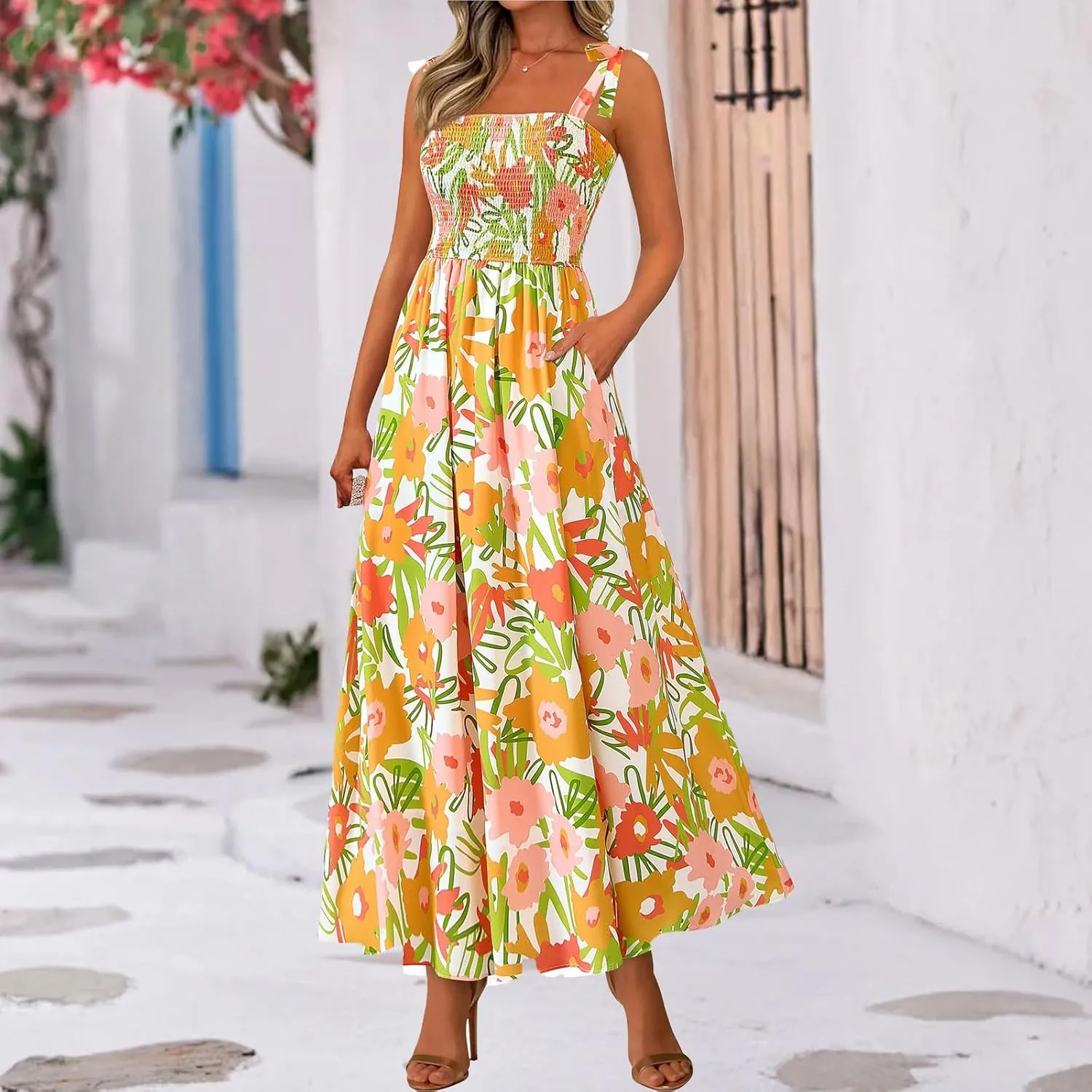 Womens Plus Size Swing Dress Summer Floral Boho Dress Spaghetti Strap Sundress Beach Long Maxi Outfits