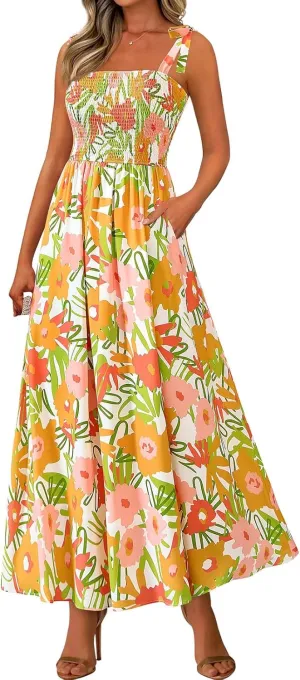 Womens Plus Size Swing Dress Summer Floral Boho Dress Spaghetti Strap Sundress Beach Long Maxi Outfits