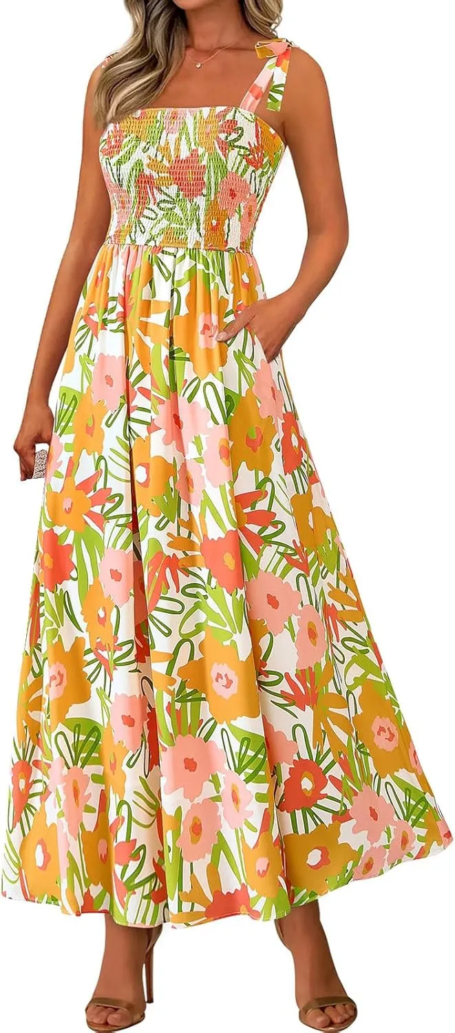 Womens Plus Size Swing Dress Summer Floral Boho Dress Spaghetti Strap Sundress Beach Long Maxi Outfits