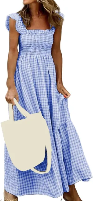 Women's Retro Plaid Smocked Dress Summer Sleeveless Spaghetti Strap Square Neck A-Line Maxi Long Beach Sundress