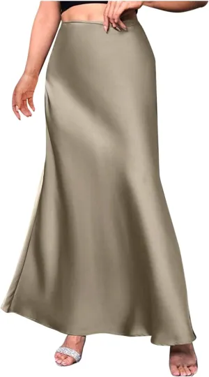Womens Satin High Waist Elastic Maxi Skirt Silk Elegant Dressy Bodycon A-Line Long Skirts Cocktail Party Outfits