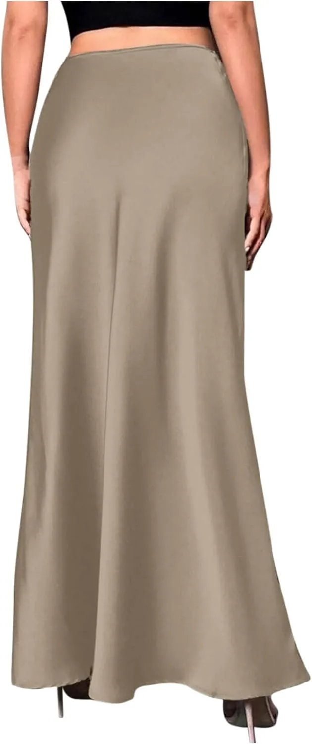 Womens Satin High Waist Elastic Maxi Skirt Silk Elegant Dressy Bodycon A-Line Long Skirts Cocktail Party Outfits