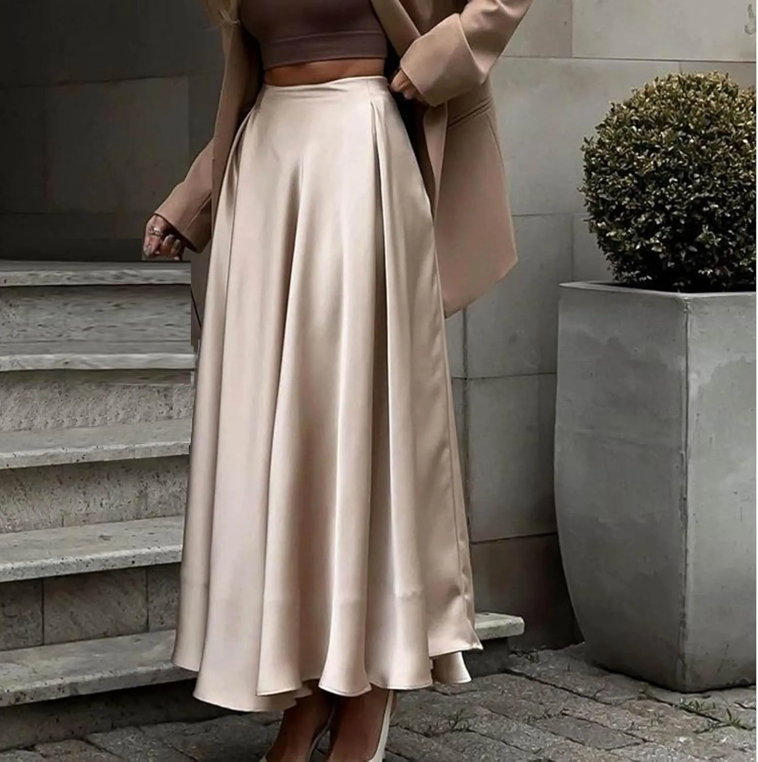 Women's Satin Maxi Skirt High Waisted Elastic Waistband Silk A-Line Dressy Evening Party Summer Flowy Long Skirts