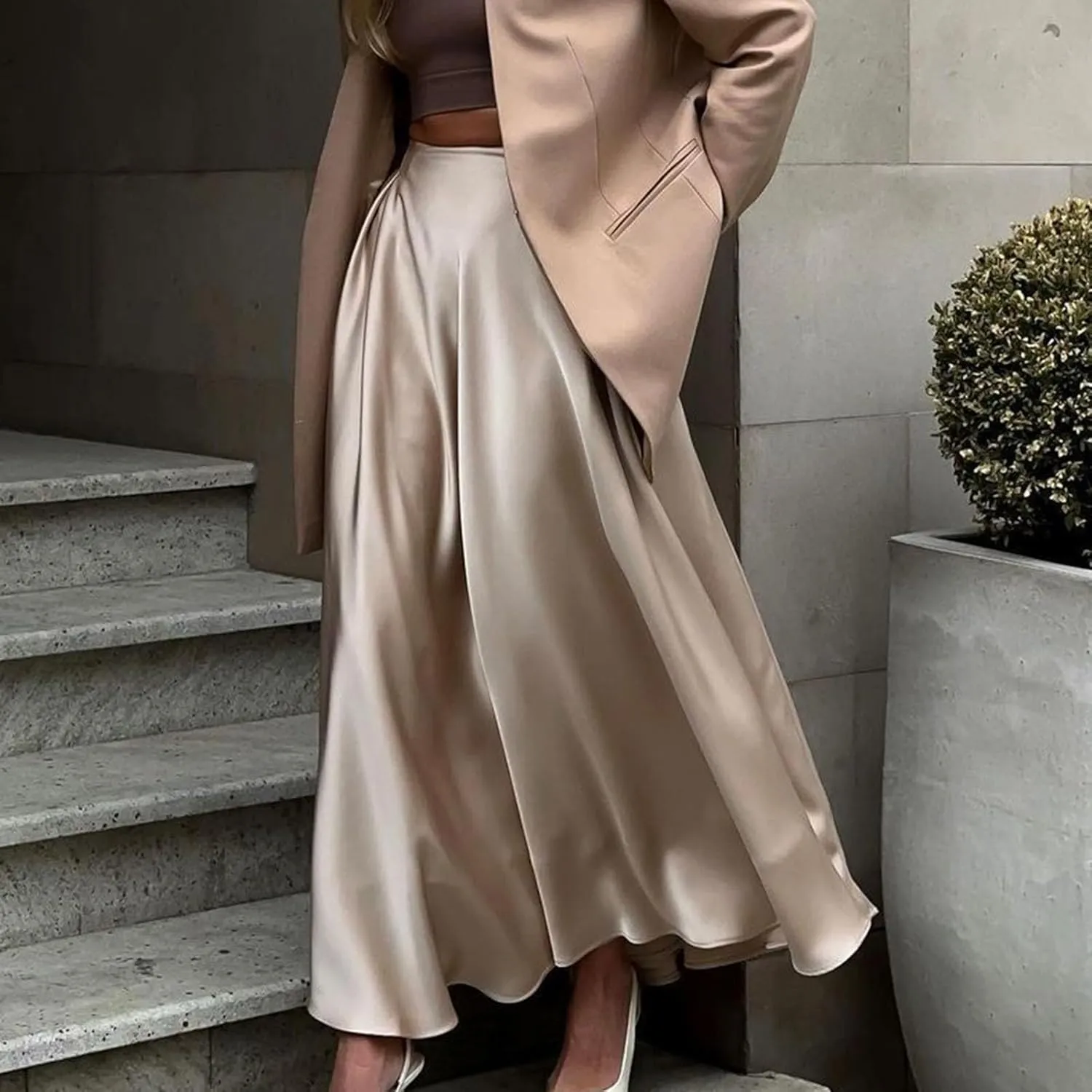 Women's Satin Maxi Skirt High Waisted Elastic Waistband Silk A-Line Dressy Evening Party Summer Flowy Long Skirts