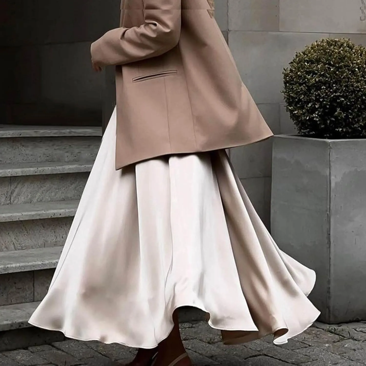 Women's Satin Maxi Skirt High Waisted Elastic Waistband Silk A-Line Dressy Evening Party Summer Flowy Long Skirts