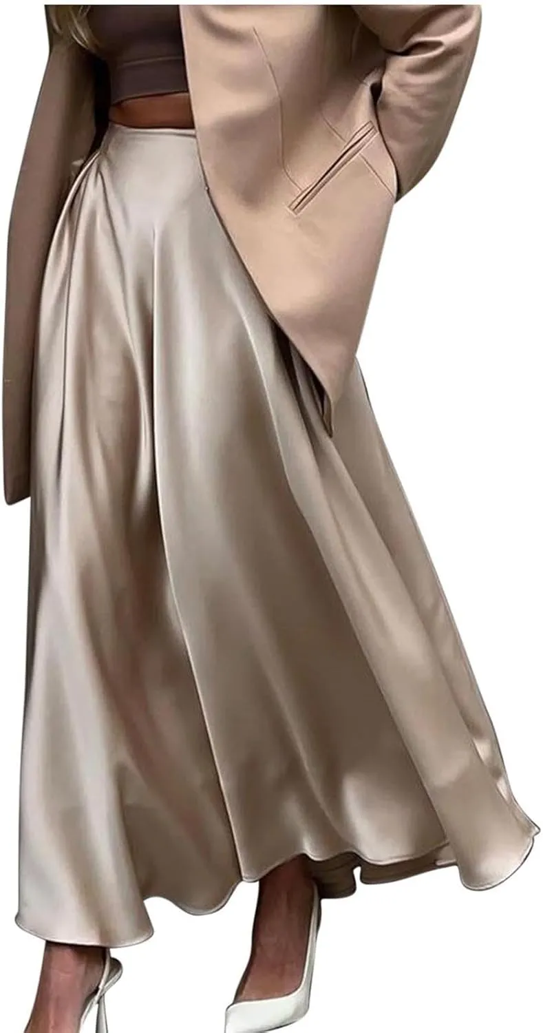 Women's Satin Maxi Skirt High Waisted Elastic Waistband Silk A-Line Dressy Evening Party Summer Flowy Long Skirts