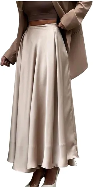 Women's Satin Maxi Skirt High Waisted Elastic Waistband Silk A-Line Dressy Evening Party Summer Flowy Long Skirts
