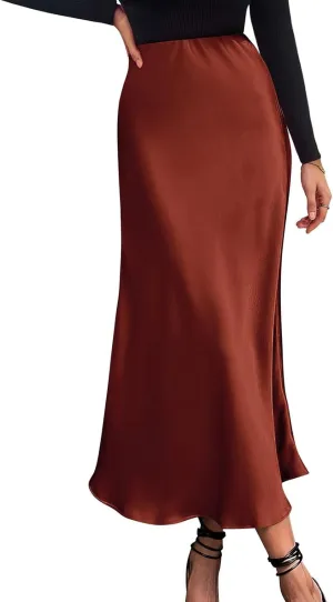 Womens Satin Maxi Skirts Summer Casual Silk Elastic High Waisted Skirt Fashion Flowy Solid Color Flared A-Line Skirt