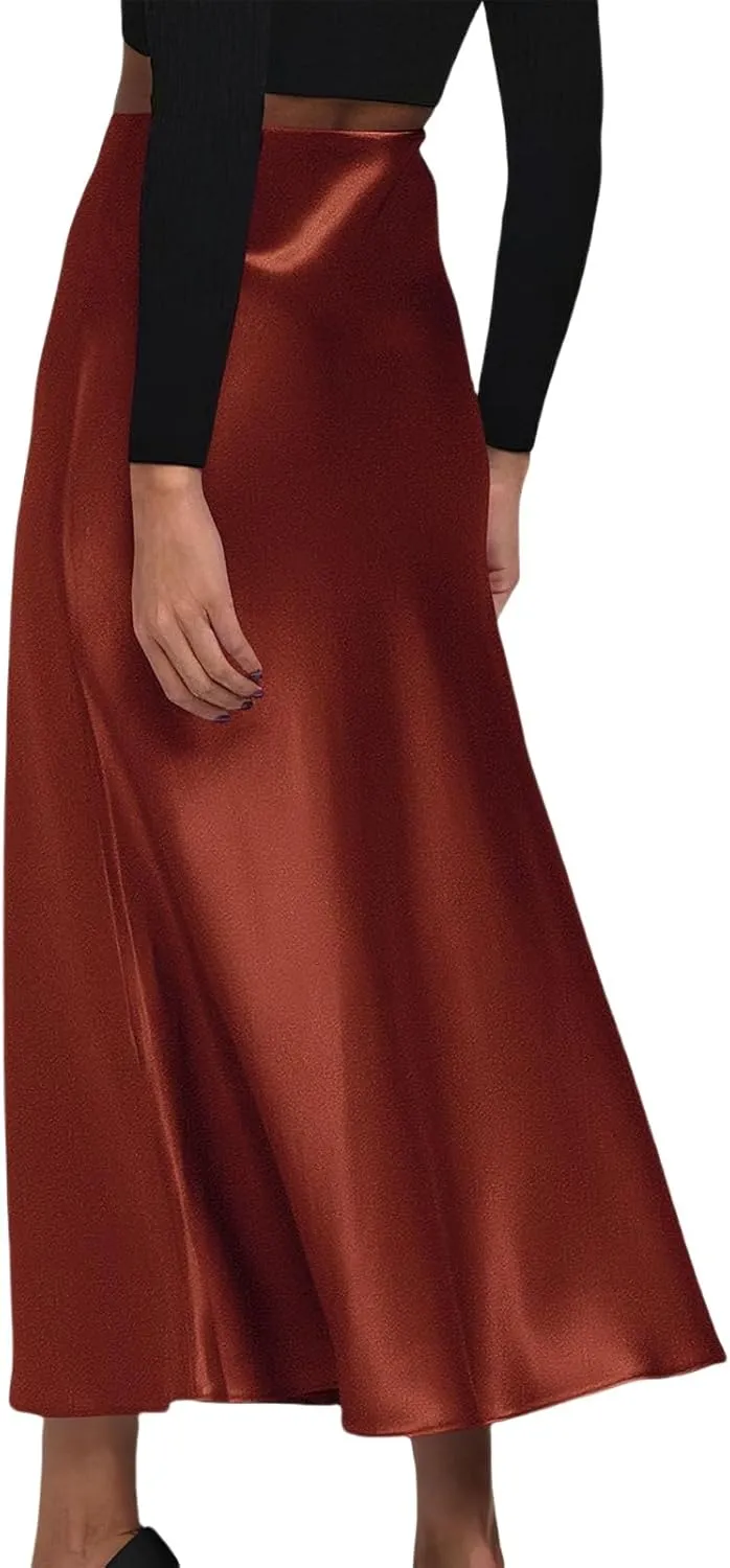 Womens Satin Maxi Skirts Summer Casual Silk Elastic High Waisted Skirt Fashion Flowy Solid Color Flared A-Line Skirt