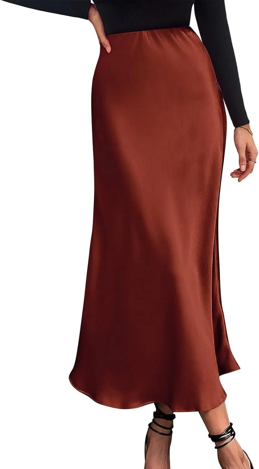 Womens Satin Maxi Skirts Summer Casual Silk Elastic High Waisted Skirt Fashion Flowy Solid Color Flared A-Line Skirt