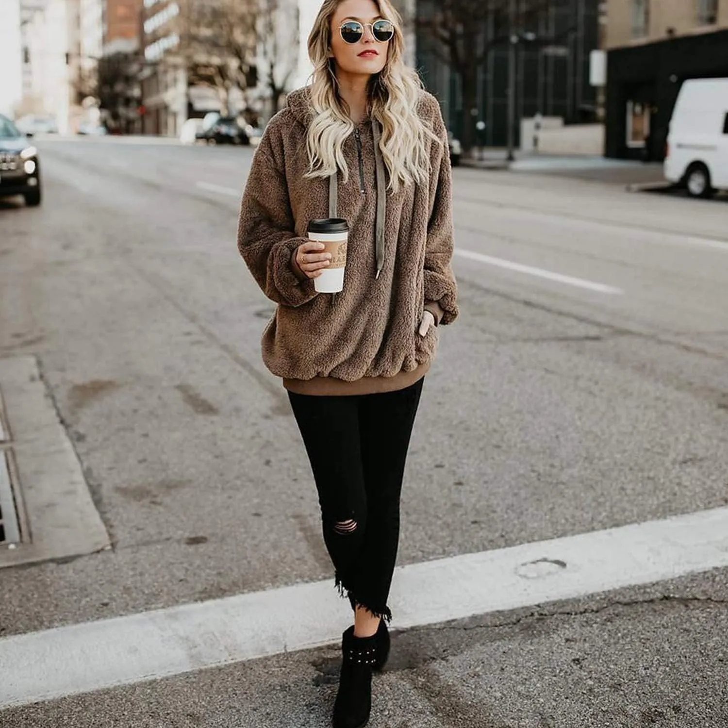 Womens Sherpa Hoodie Fuzzy Sweatshirt Fleece Pullover Oversized Hoodies for Women Fluffy Quarter Zip Hoodies Sweater