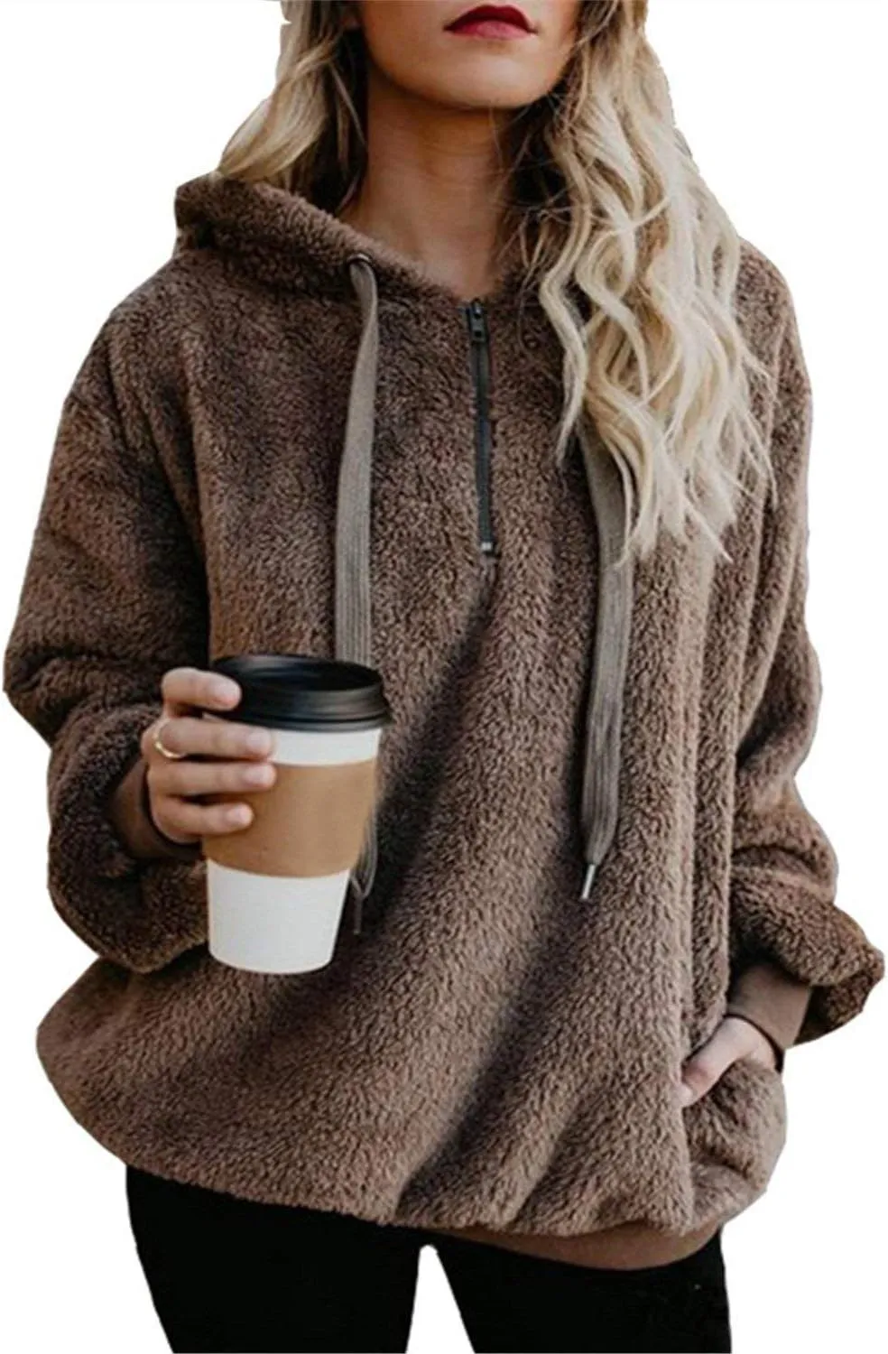 Womens Sherpa Hoodie Fuzzy Sweatshirt Fleece Pullover Oversized Hoodies for Women Fluffy Quarter Zip Hoodies Sweater
