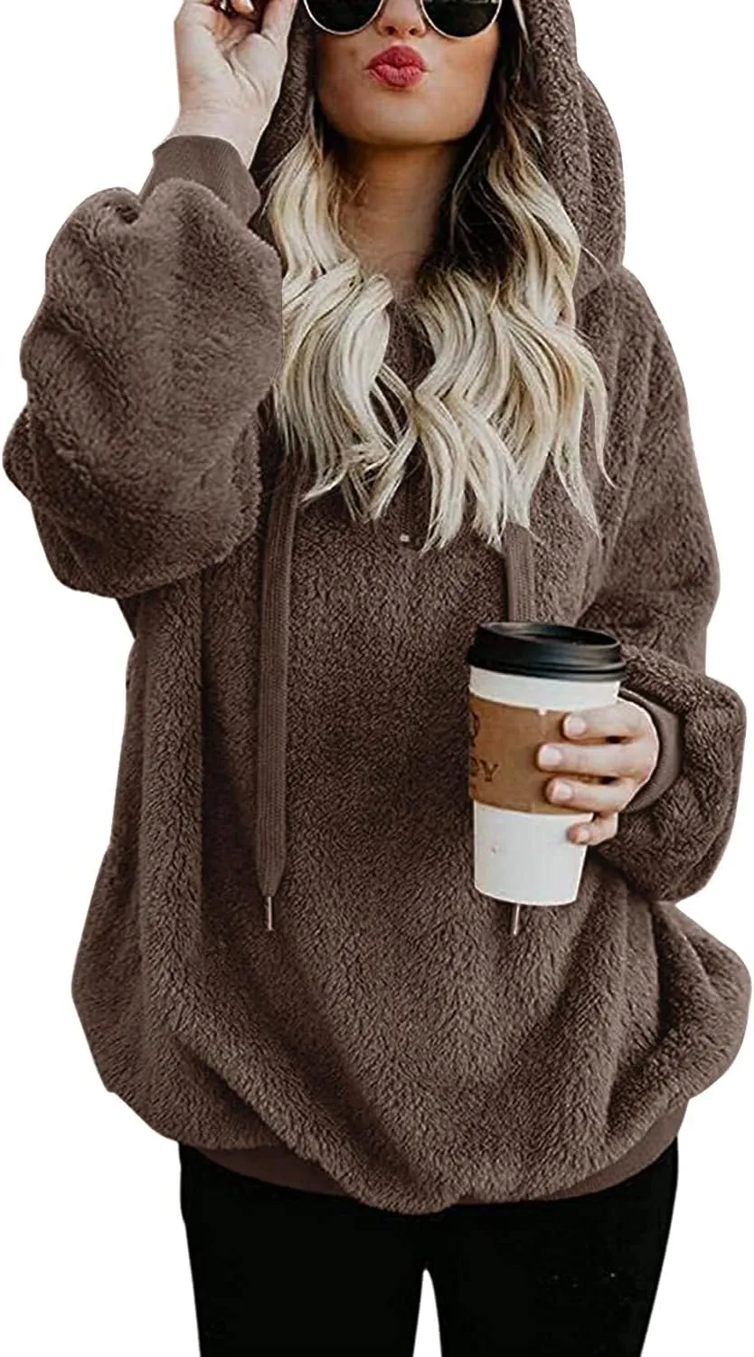 Womens Sherpa Hoodie Fuzzy Sweatshirt Fleece Pullover Oversized Hoodies for Women Fluffy Quarter Zip Hoodies Sweater