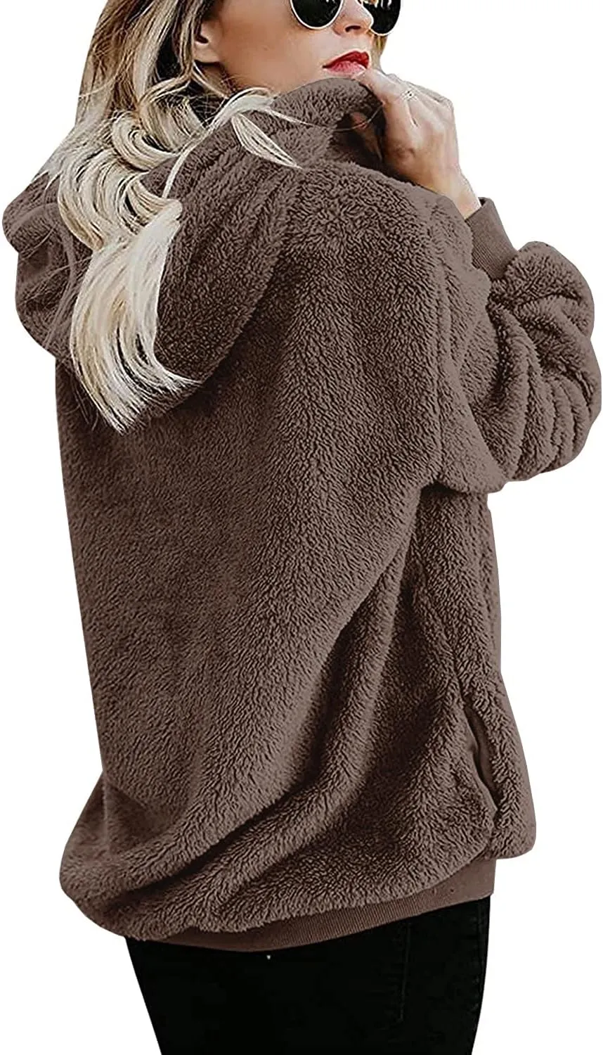 Womens Sherpa Hoodie Fuzzy Sweatshirt Fleece Pullover Oversized Hoodies for Women Fluffy Quarter Zip Hoodies Sweater