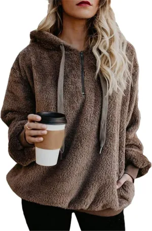 Womens Sherpa Hoodie Fuzzy Sweatshirt Fleece Pullover Oversized Hoodies for Women Fluffy Quarter Zip Hoodies Sweater