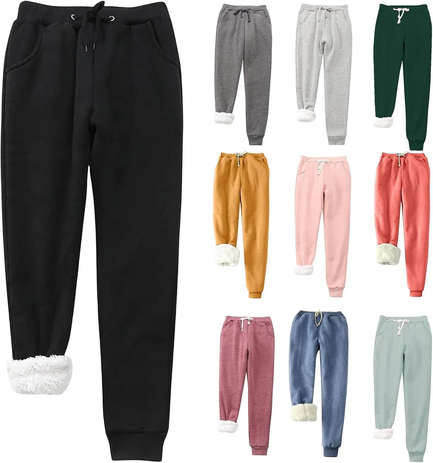 Women's Sherpa Lined Sweatpants High Waist Cinch Bottom Jogger Pants Baggy Warm Fleece Pants Casual Lounge Trousers