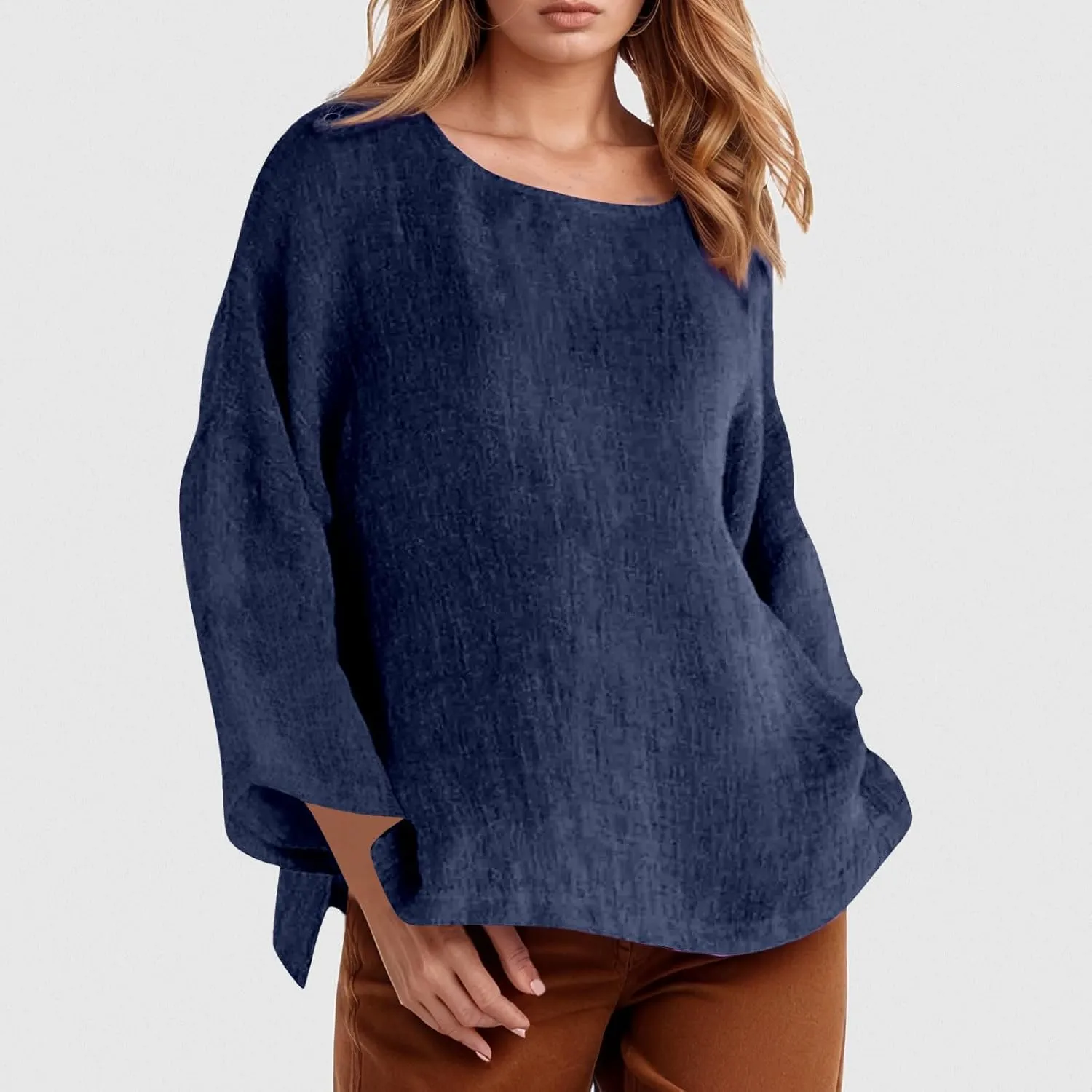 Women's Short Sleeve Linen Shirt Casual Crew Neck Oversized T-Shirt Button Loose Fit Summer Tee Shirt