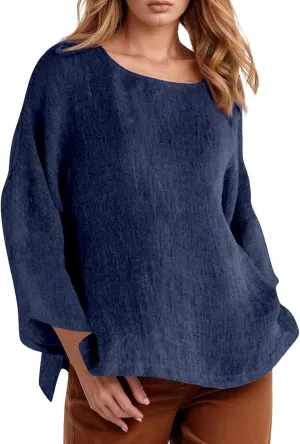Women's Short Sleeve Linen Shirt Casual Crew Neck Oversized T-Shirt Button Loose Fit Summer Tee Shirt