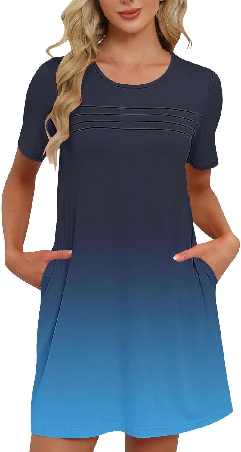 Womens Short Sleeve T-Shirt Dress Causal Pleated T-Shirt Tunic Short Dress 2025 Beach Vacation Mini Dress with Pocket