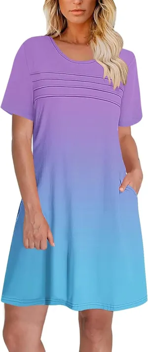 Womens Short Sleeve T-Shirt Dress Causal Pleated T-Shirt Tunic Short Dress 2025 Beach Vacation Mini Dress with Pocket