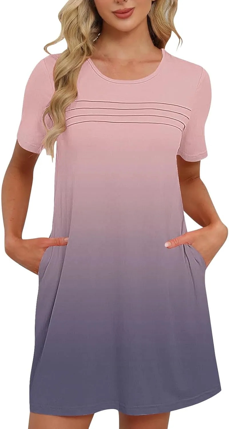 Womens Short Sleeve T-Shirt Dress Causal Pleated T-Shirt Tunic Short Dress 2025 Beach Vacation Mini Dress with Pocket