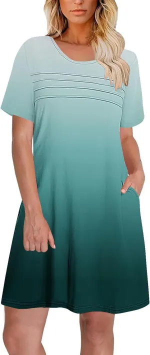 Womens Short Sleeve T-Shirt Dress Causal Pleated T-Shirt Tunic Short Dress 2025 Beach Vacation Mini Dress with Pocket