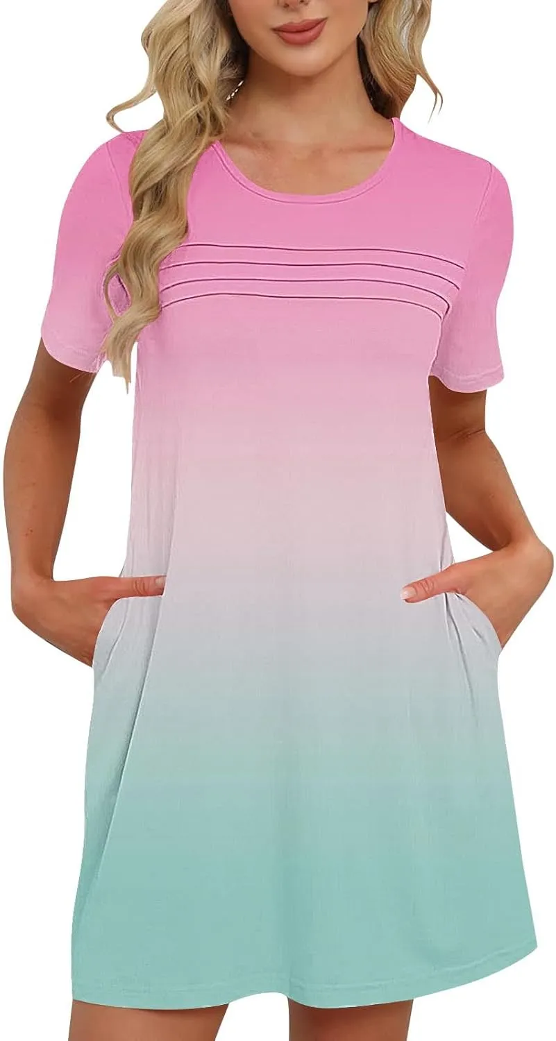 Womens Short Sleeve T-Shirt Dress Causal Pleated T-Shirt Tunic Short Dress 2025 Beach Vacation Mini Dress with Pocket