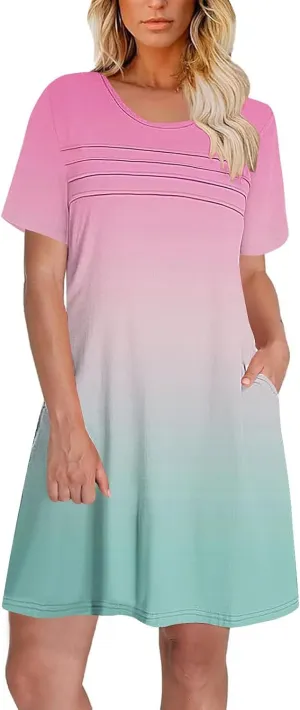 Womens Short Sleeve T-Shirt Dress Causal Pleated T-Shirt Tunic Short Dress 2025 Beach Vacation Mini Dress with Pocket