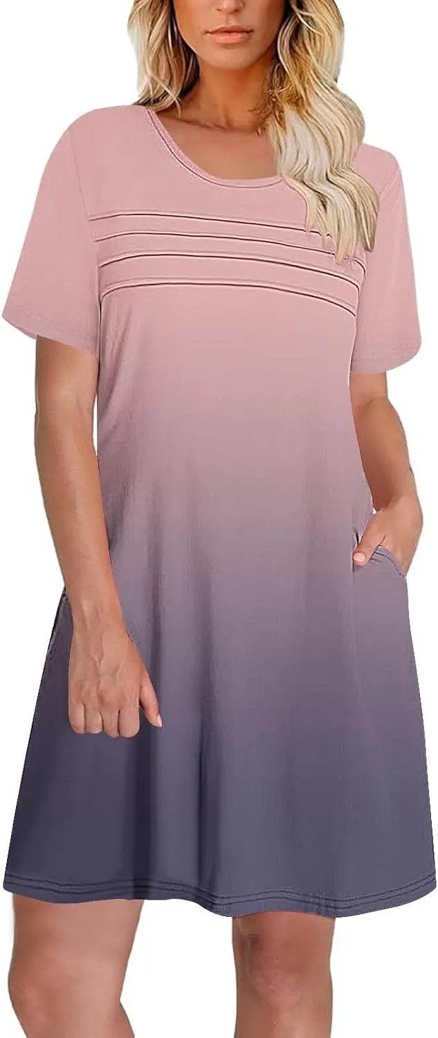 Womens Short Sleeve T-Shirt Dress Causal Pleated T-Shirt Tunic Short Dress 2025 Beach Vacation Mini Dress with Pocket