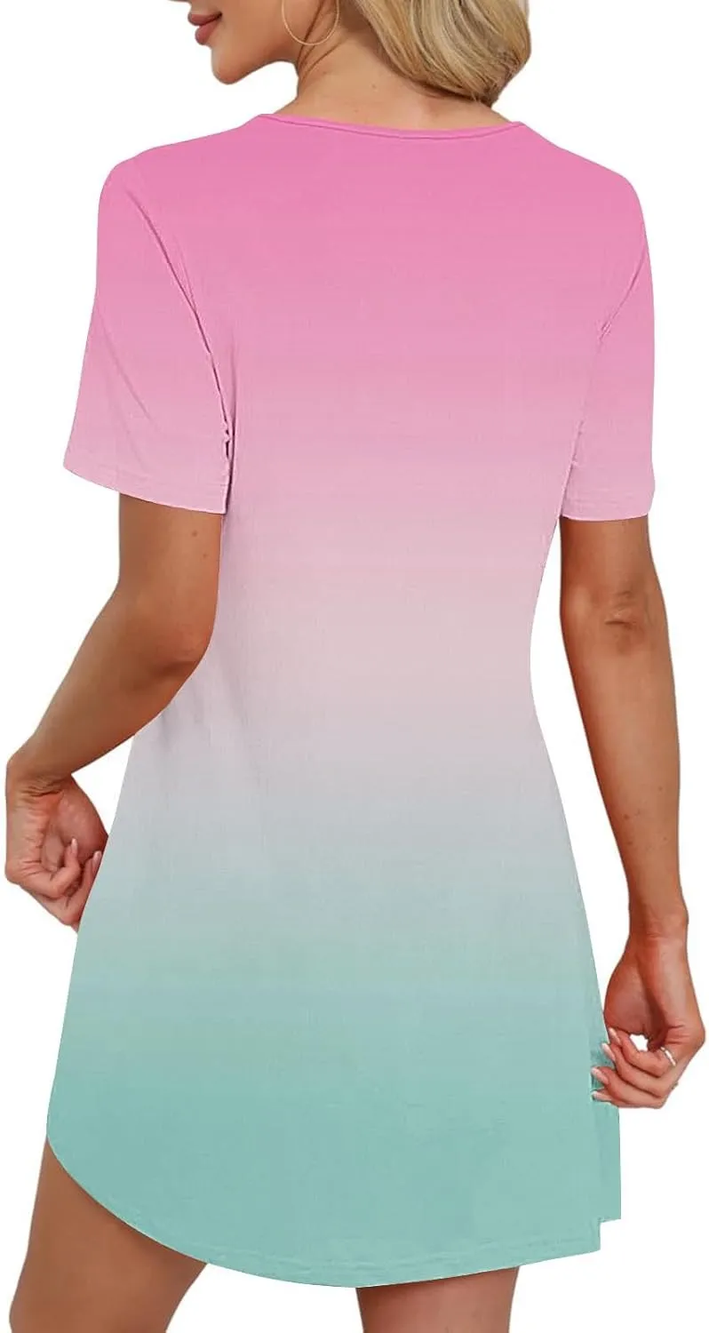 Womens Short Sleeve T-Shirt Dress Causal Pleated T-Shirt Tunic Short Dress 2025 Beach Vacation Mini Dress with Pocket