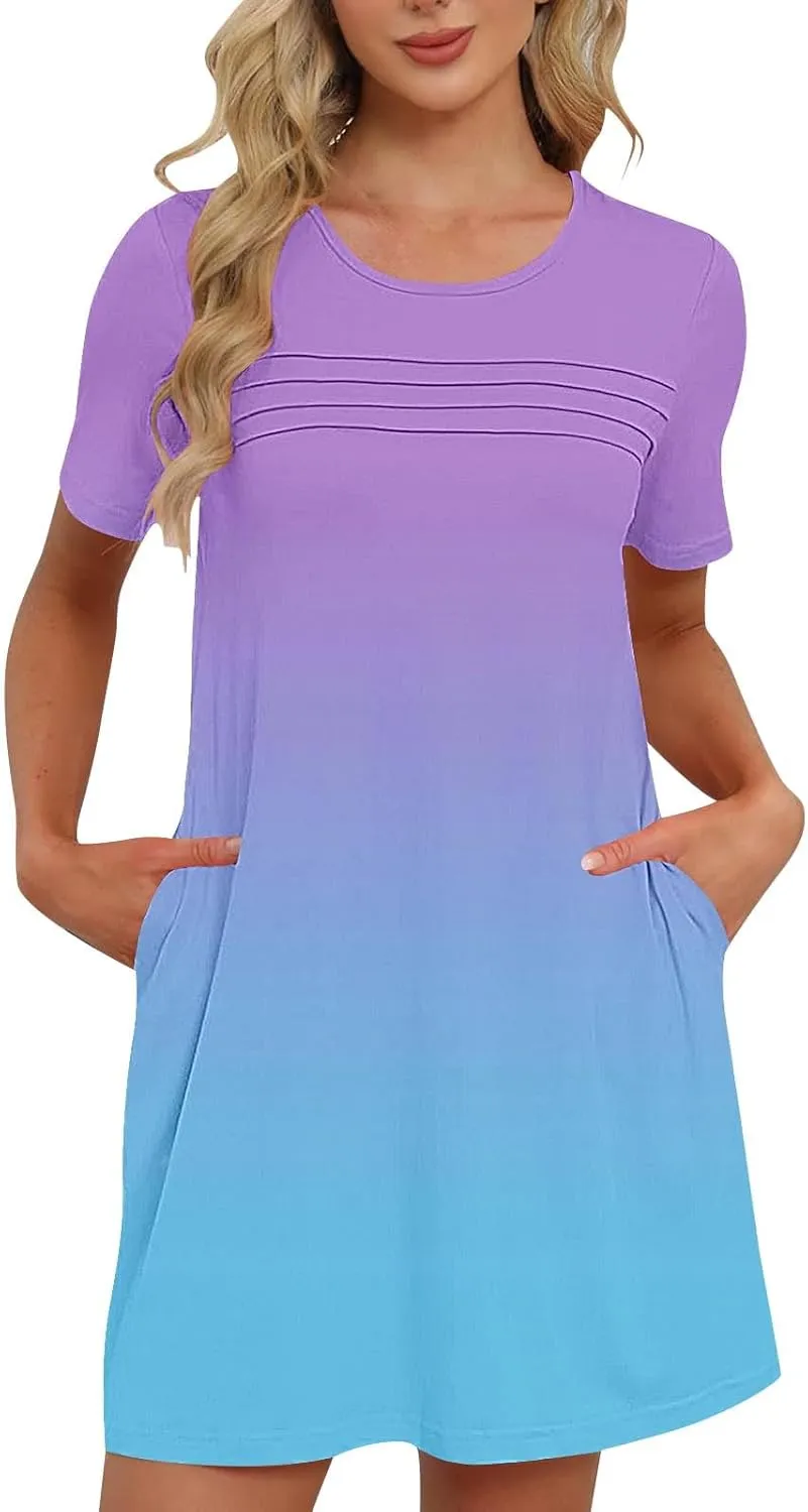 Womens Short Sleeve T-Shirt Dress Causal Pleated T-Shirt Tunic Short Dress 2025 Beach Vacation Mini Dress with Pocket