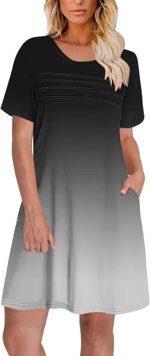 Womens Short Sleeve T-Shirt Dress Causal Pleated T-Shirt Tunic Short Dress 2025 Beach Vacation Mini Dress with Pocket