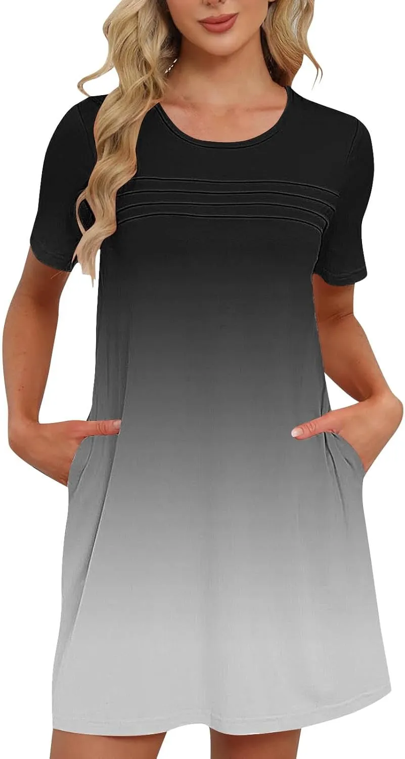 Womens Short Sleeve T-Shirt Dress Causal Pleated T-Shirt Tunic Short Dress 2025 Beach Vacation Mini Dress with Pocket