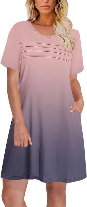 Womens Short Sleeve T-Shirt Dress Causal Pleated T-Shirt Tunic Short Dress 2025 Beach Vacation Mini Dress with Pocket