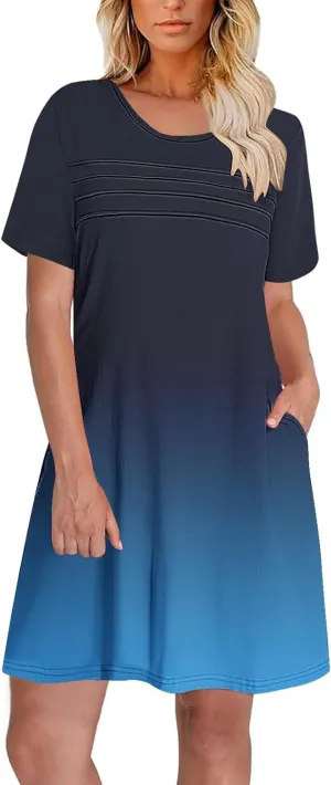 Womens Short Sleeve T-Shirt Dress Causal Pleated T-Shirt Tunic Short Dress 2025 Beach Vacation Mini Dress with Pocket