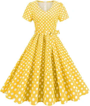 Womens Short Sleeve Vintage Dresses Crewneck Flowy Retro Short Dress Elegant Solid Color Pleated Dress