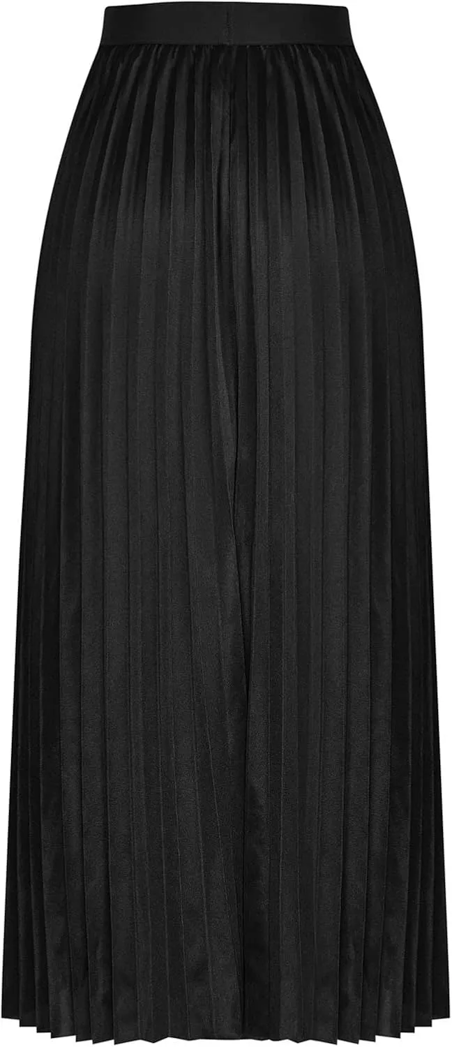 Womens Silk Satin High Waisted Maxi Skirts Dressy Hidden Elasticized Waistband Pleated Flowy Swing A Line Long Skirt
