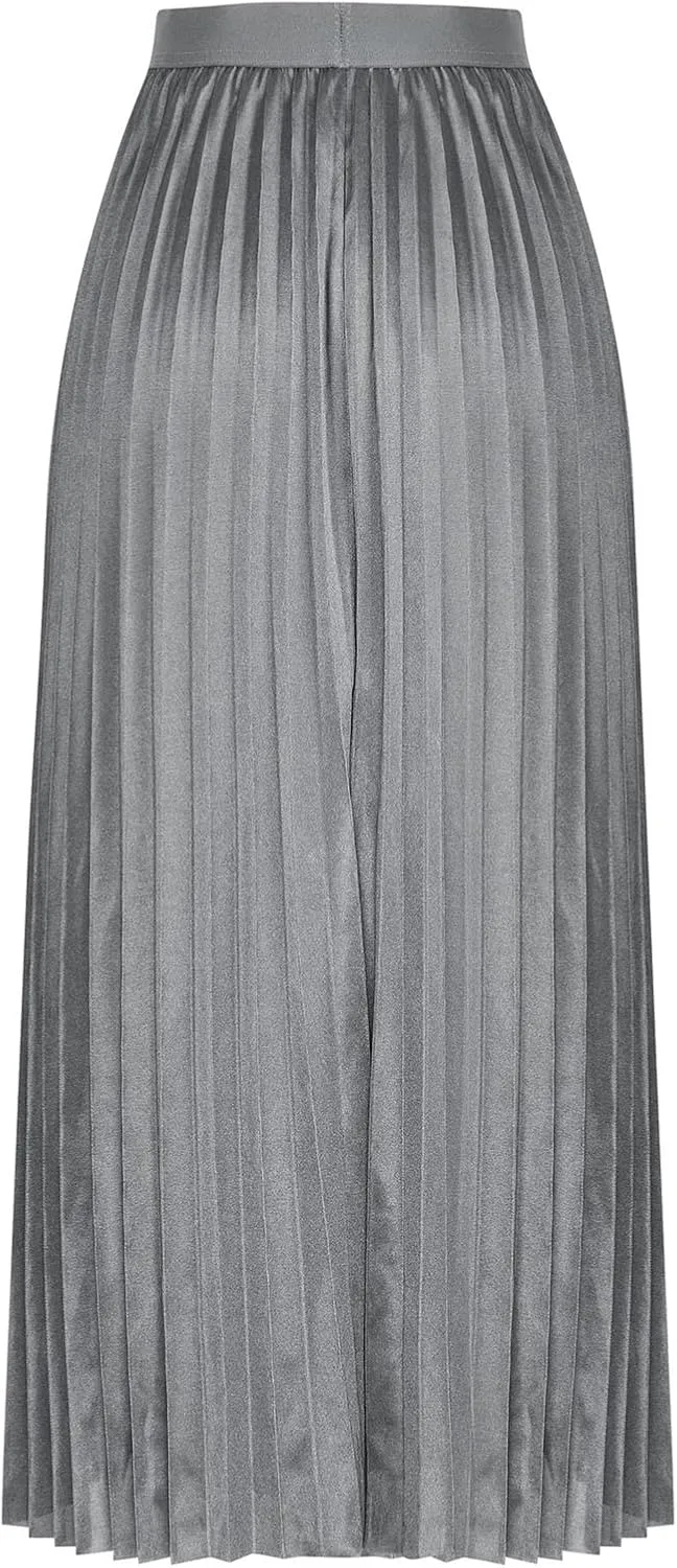 Womens Silk Satin High Waisted Maxi Skirts Dressy Hidden Elasticized Waistband Pleated Flowy Swing A Line Long Skirt